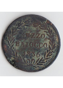1836 - GREGORIO XVI 1/2 Baiocco Rame Zecca Bologna MB+